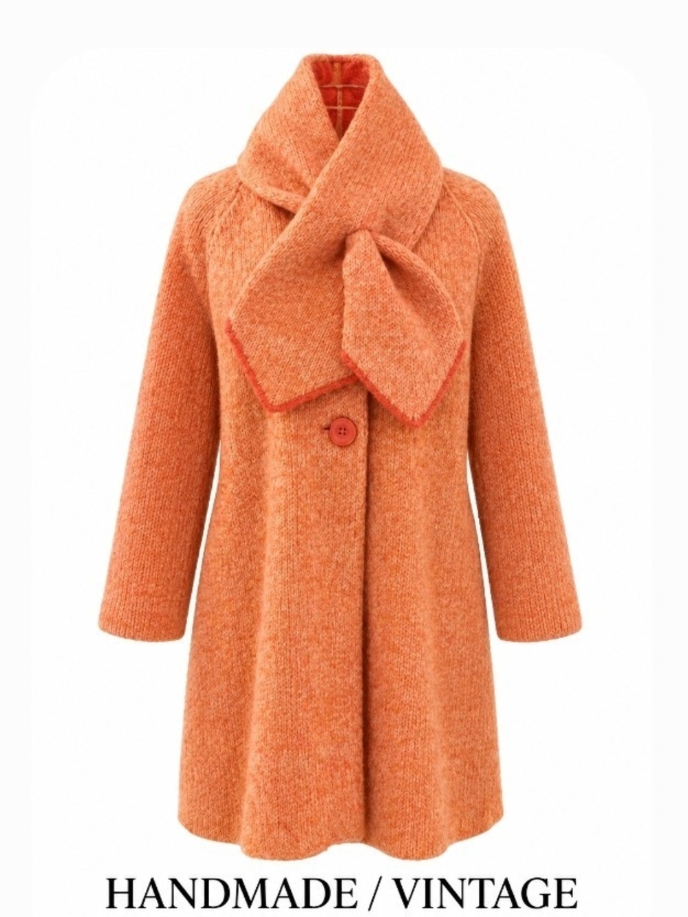 VTG 60s Handmade Mohair Knit Swing Coat Scarf Collar Peach Coral Fully Lined